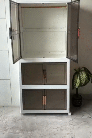 Modern Multi-Tier Storage Cabinet with Transparent Doors – Clothes & Home Organizer Wardrobe Cupboard with Wheels