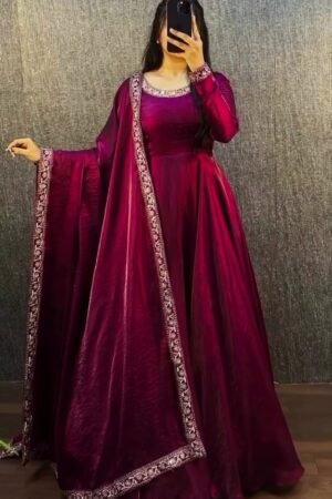 Women’s Wine Color Anarkali Gown with Dupatta – Elegant Party Wear