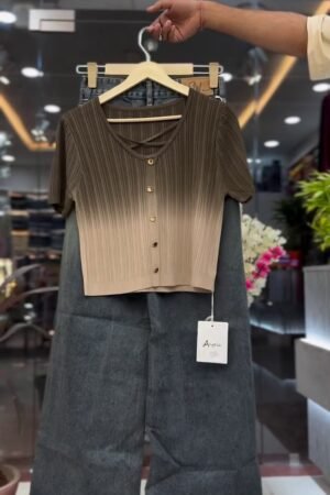 Ombre Ribbed Button Top with High-Waist Wide Leg Denim Jeans