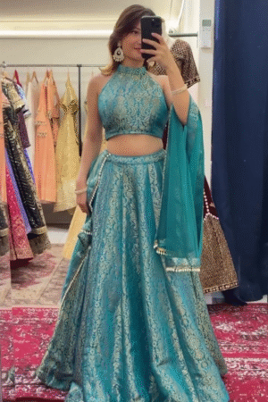 Teal Blue Brocade Halter Neck Lehenga Set with Dupatta