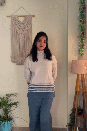Women’s Cream High-Neck Sweater with Blue Stripe Detail & Wide-Leg Pants