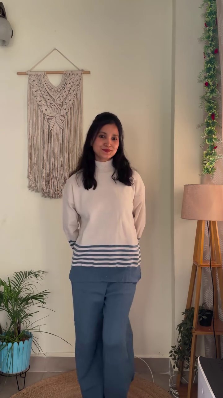 Women’s Cream High-Neck Sweater with Blue Stripe Detail & Wide-Leg Pants