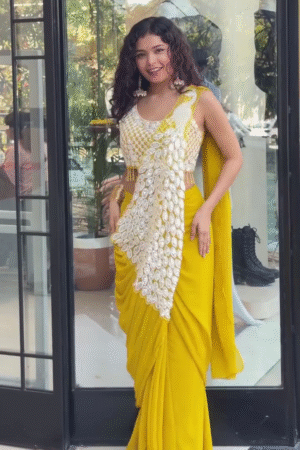 Elegant Yellow Saree with Embroidered Mirror Work Blouse
