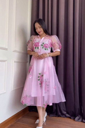Pink Floral Embroidered Organza Midi Dress with Puff Sleeves