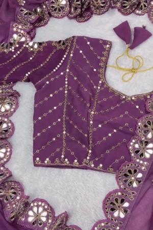 Royal Purple Embroidered Blouse with Mirror Work Border – Designer Readymade Saree Blouse for Festive & Wedding Wear