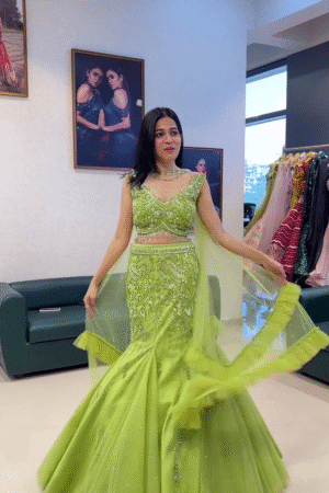 Lime Green Embellished Mermaid Lehenga Set with Sheer Ruffle Dupatta