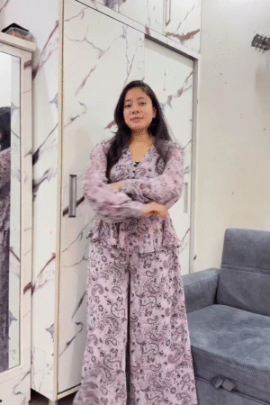 Women’s Printed Co-Ord Set with Peplum Top and Wide-Leg Pants