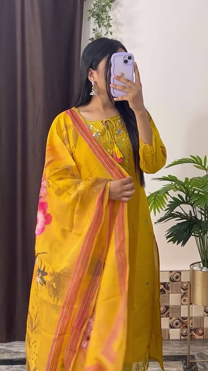 Teal Blue Embroidered Kurta Set with Floral Organza Dupatta - Image 10