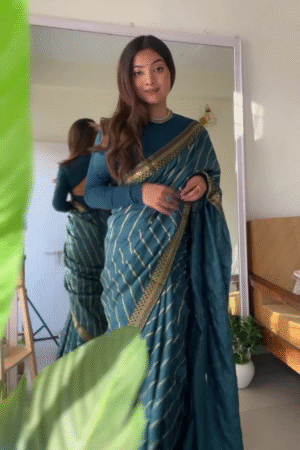 Teal Blue Silk Saree with Gold Stripes & Embroidered Border