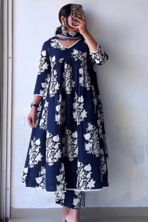 Navy Blue Floral Anarkali Kurta Set with Dupatta