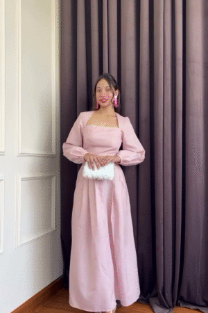 Blush Pink Square-Neck Maxi Dress with Puff Sleeves