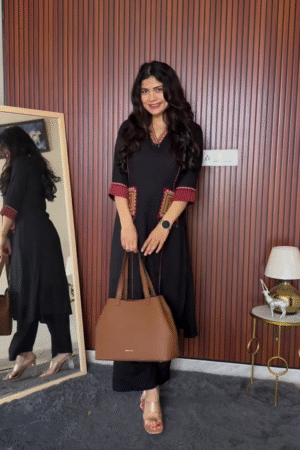 Black Ethnic Kurta Set with Red Tribal Detailing