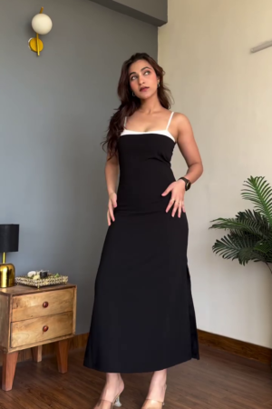 Elegant Black Slip Dress for Women – Minimal Chic Midi Dress with Contrast Straps