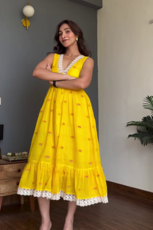 Elegant Yellow Flared Dress for Women – Stylish Sleeveless Ethnic Fusion Midi Dress