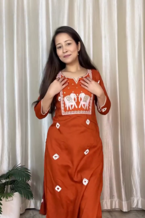 Rust Orange Elephant Print Kurti for Women – Elegant Traditional Ethnic Wear